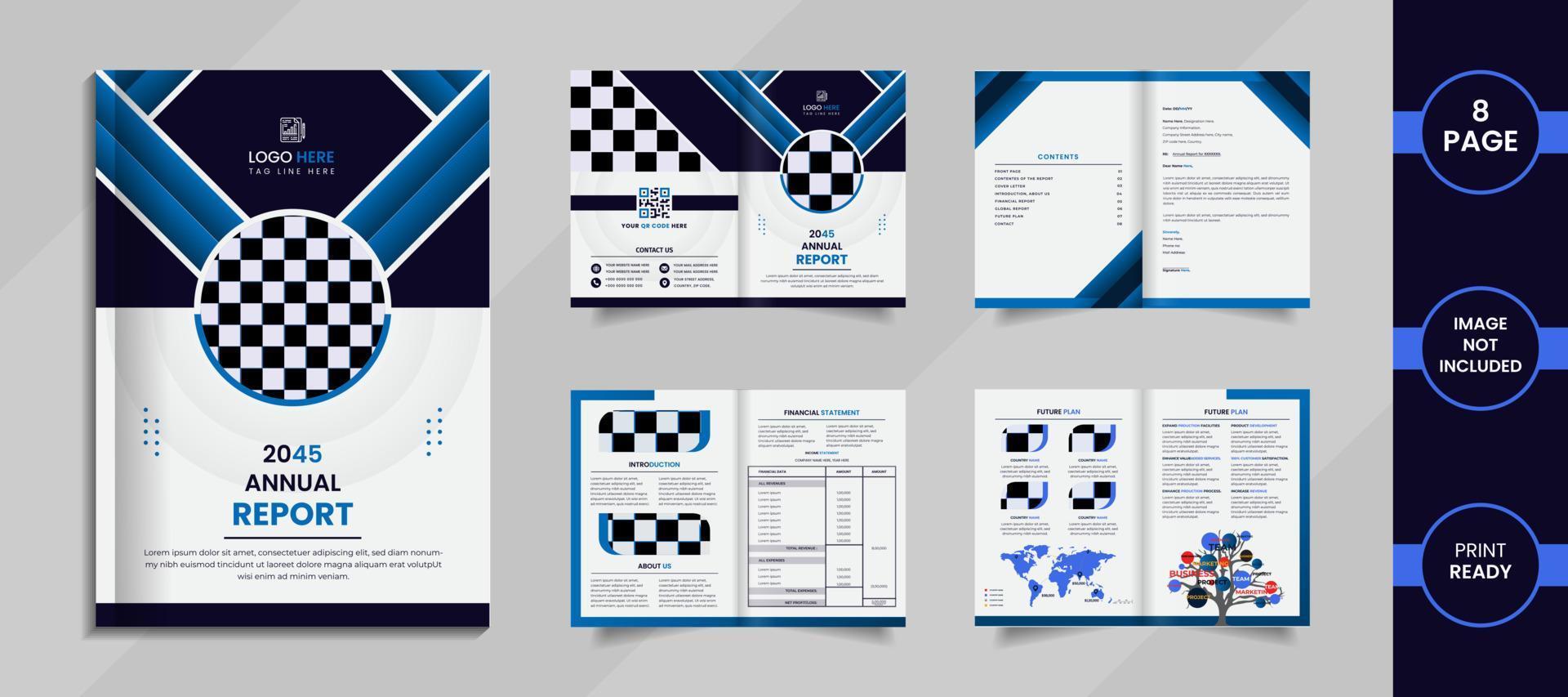 Diseño de folleto corporativo de 8 páginas con formas creativas de color azul cielo y profundo con datos. vector