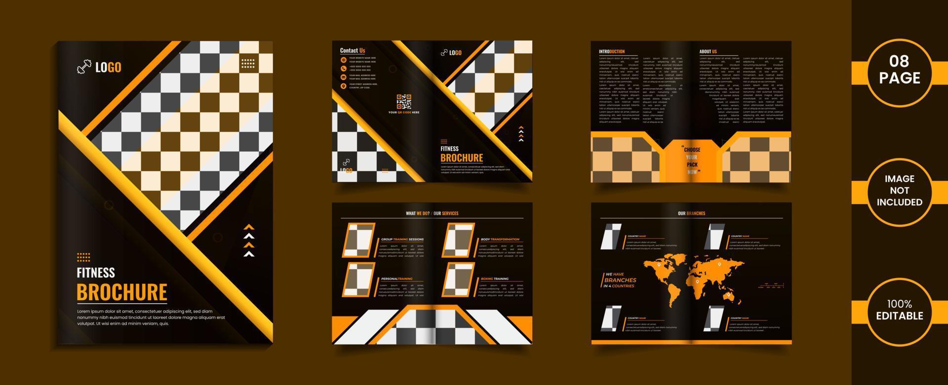 diseño de folleto plegable de 8 páginas de gimnasio con información y formas abstractas de color amarillo. vector