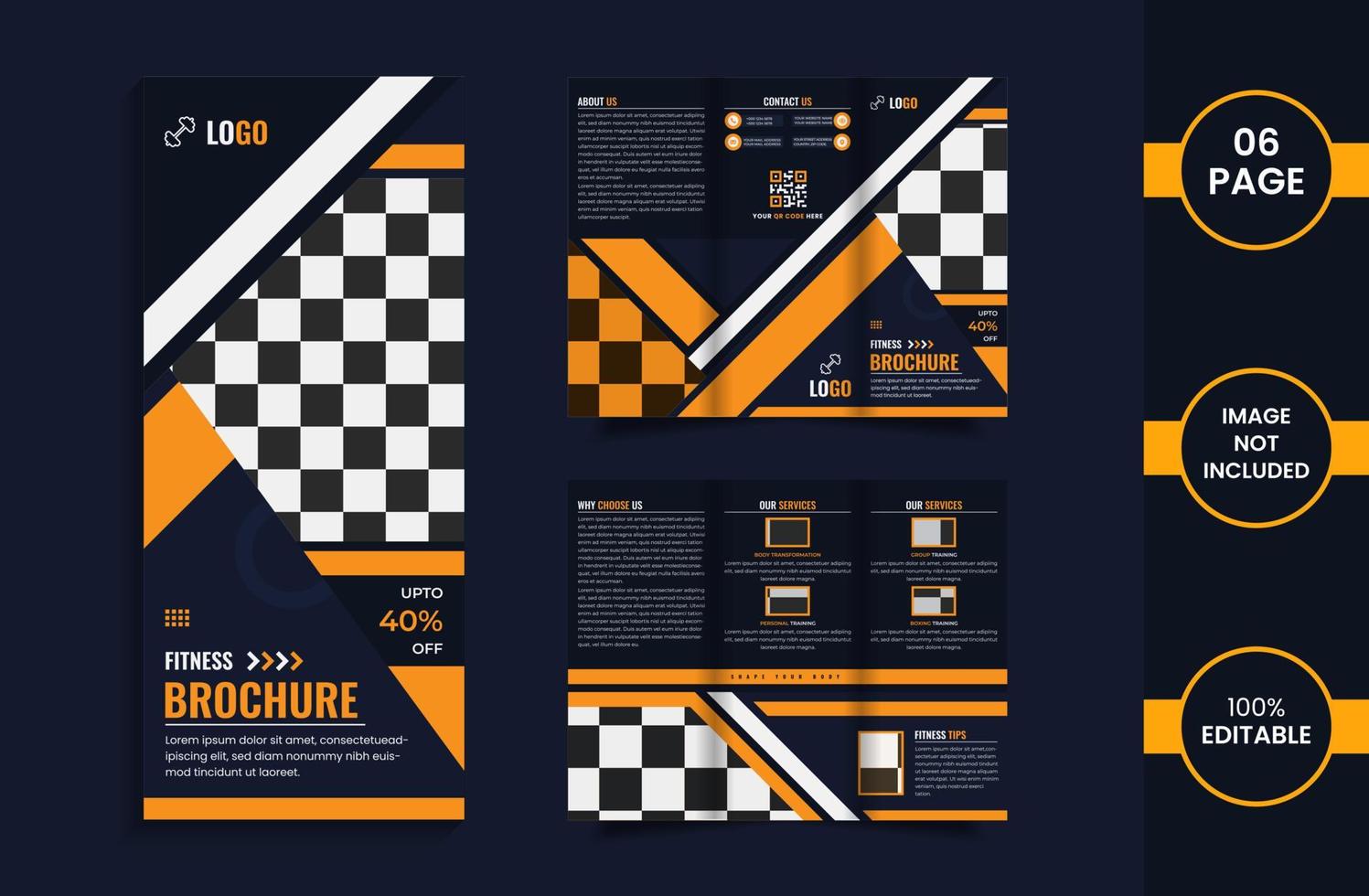 plantilla de diseño de folleto tríptico de 6 páginas de fitness con formas geométricas de color amarillo y azul profundo. vector