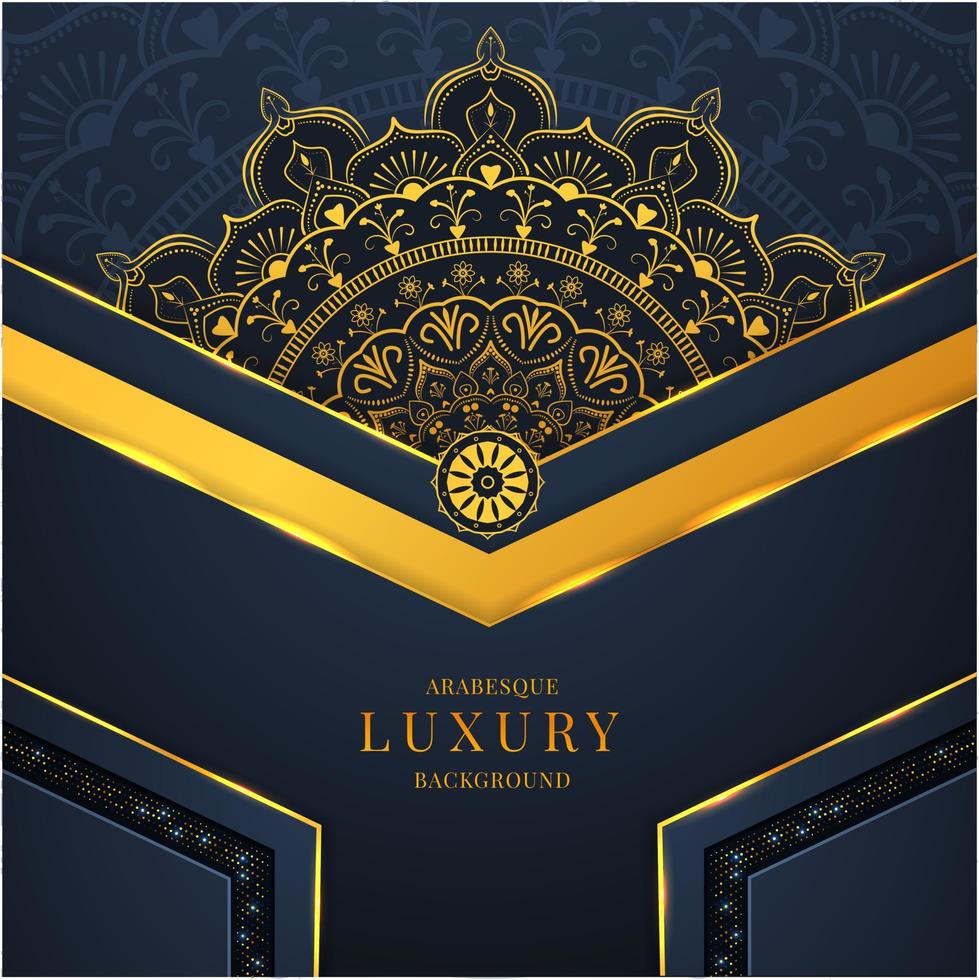 Arabesque luxury background with golden mandala, golden geometric shapes, lights, and dynamic shadows , on a beautiful pattern and deep cyan color background. vector