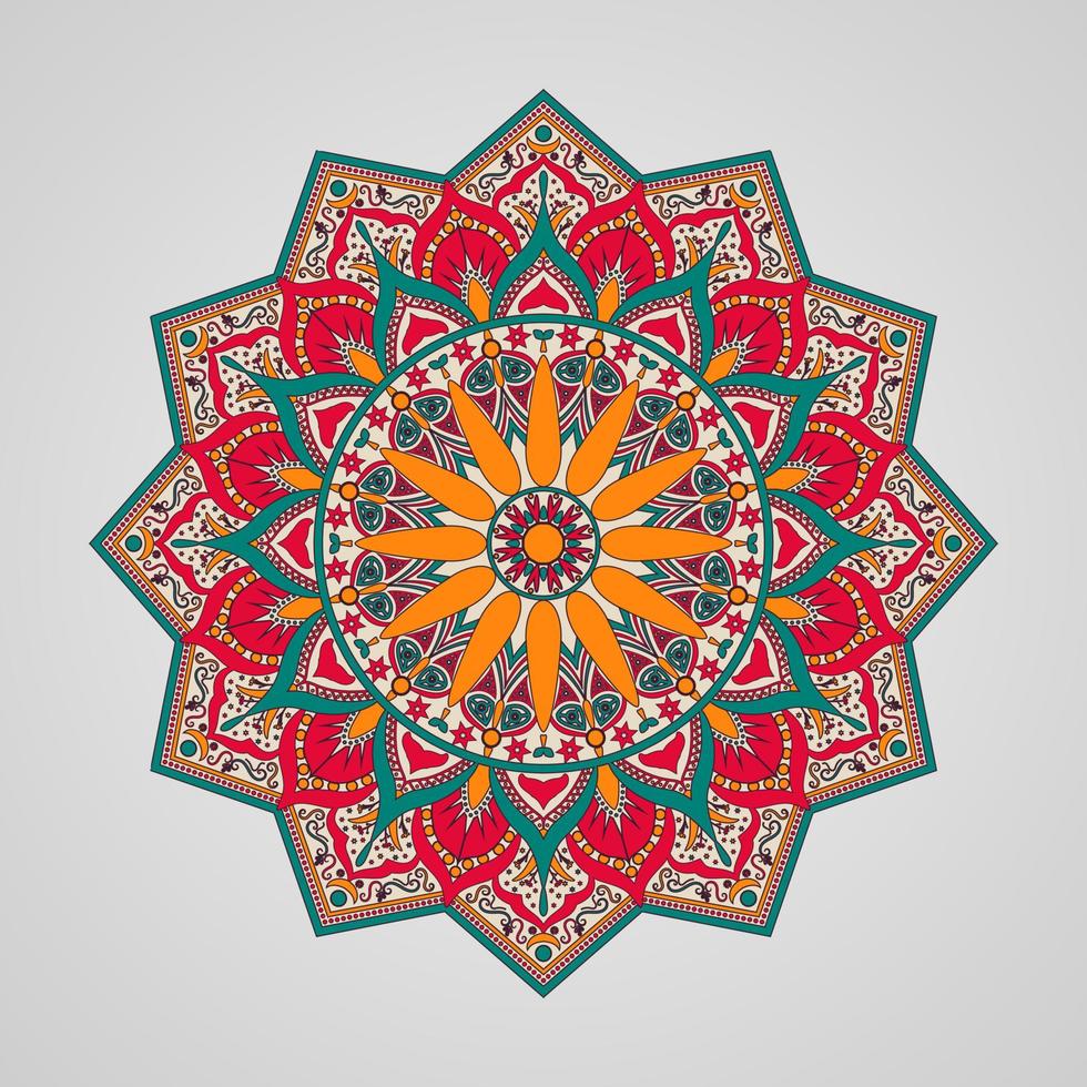 mandala colorido sobre fondo blanco aislado, mandala vectorial en rojo, naranja oscuro, verde azulado, verde pino, colores cosmos de chocolate. Puede usarse para tarjetas, invitaciones, pancartas, carteles, diseño de impresión. vector