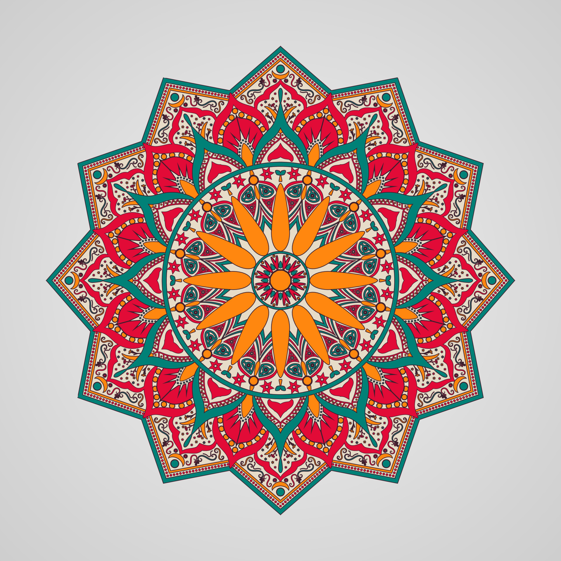 Colorful mandala on white isolated background, vector mandala in red