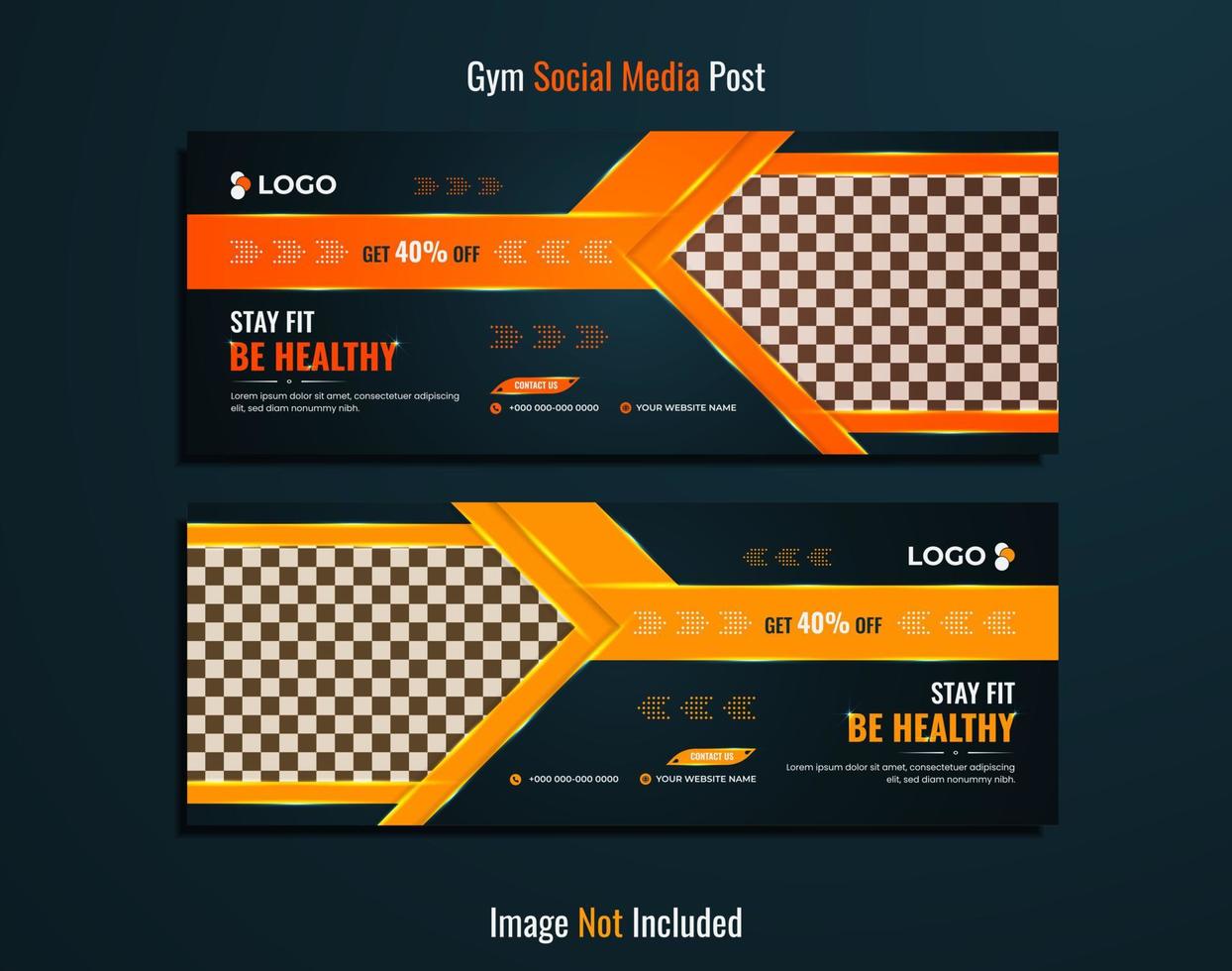 paquete de diseño de banner web de gimnasio y fitness con formas de color amarillo y naranja sobre fondo de iluminación. vector