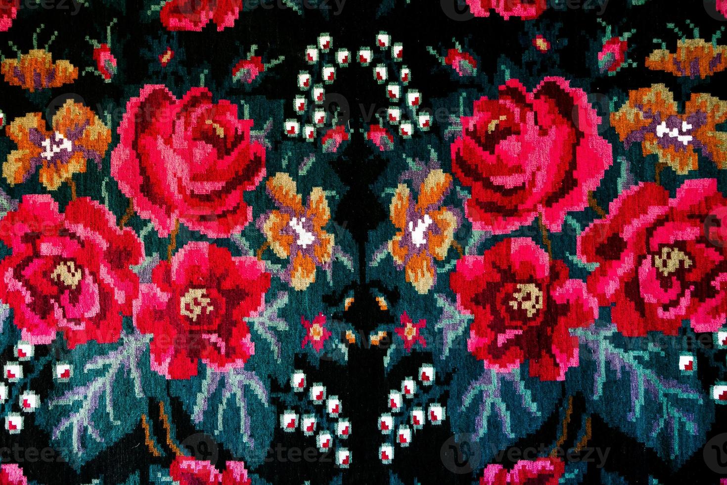 Romanian folk seamless pattern ornaments. Romanian traditional embroidery. Ethnic texture design. Traditional carpet design. Carpet ornaments. Rustic carpet design. photo