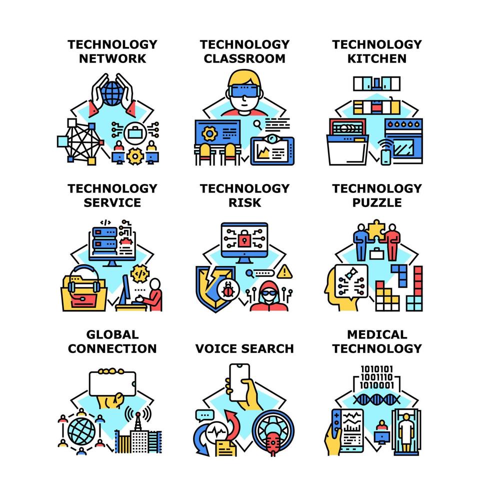 servicio de tecnología establecer iconos ilustraciones vectoriales vector