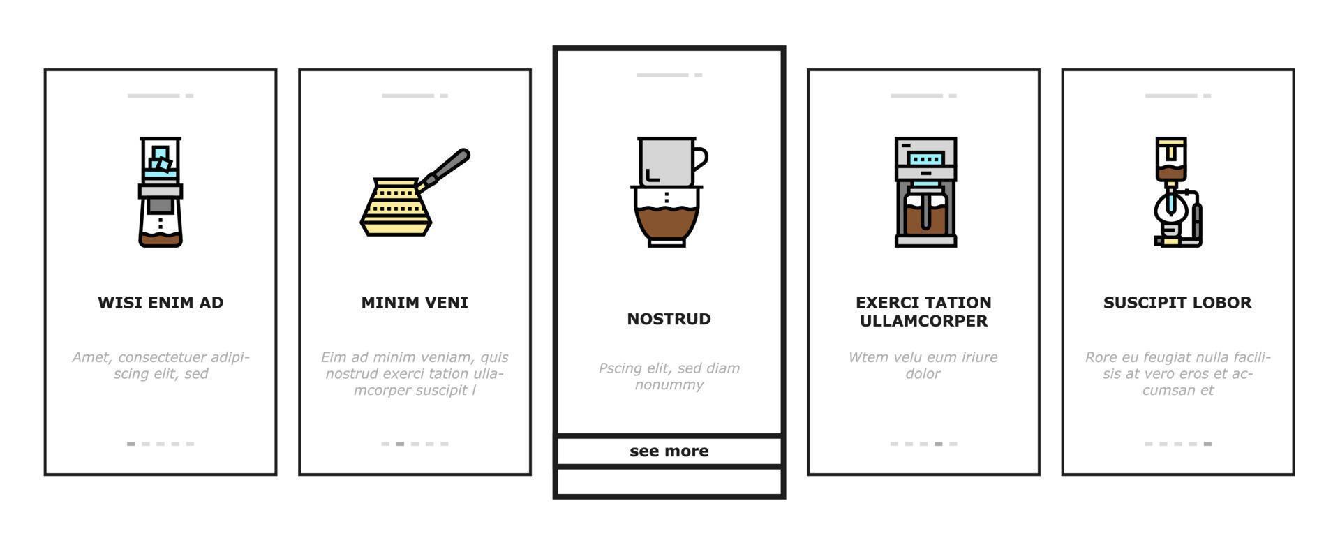 Coffee Make Machine And Accessory Onboarding Icons Set Vector
