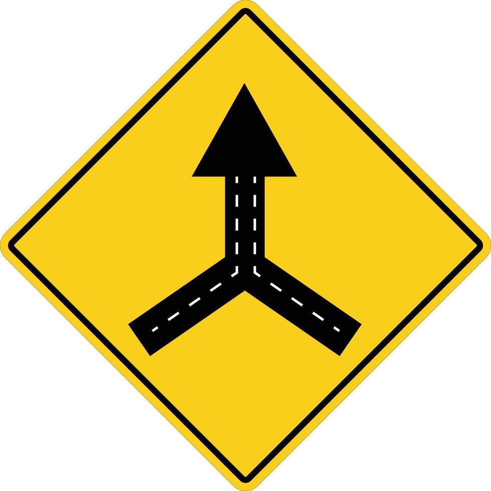 señal de advertencia fusión de carretera de dos vías sobre fondo blanco. señal de tráfico. símbolo de fusión de carriles de señales de tráfico. estilo plano vector