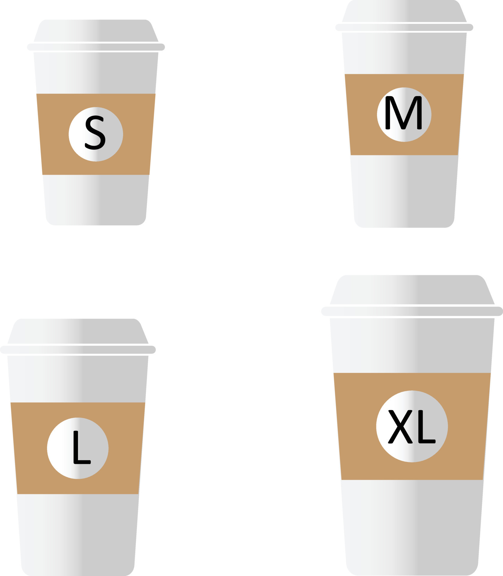coffee to go different sizes sign. flat style. Coffee cup size S M L XL  icons on white background. take-away hot cup sizes symbol. different size -  small, medium, large and extra