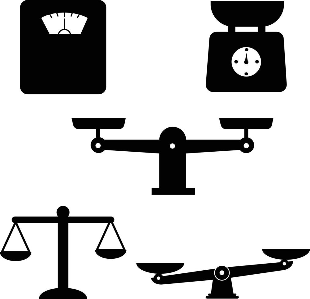 conjunto de iconos de escala y peso. escalas de justicia icono fondo blanco. símbolo de la máquina de pesaje. signo de escala de ley. comparar el símbolo del logotipo. vector