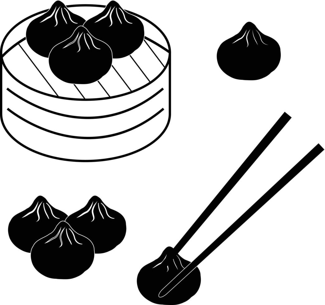 icono de dim sum sobre fondo blanco. estilo plano signo de albóndigas chinas. albóndigas chinas tradicionales en cesta de vapor de bambú. símbolo de comida asiática. vector