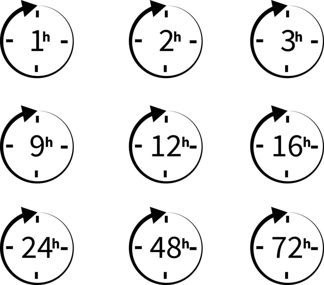 set of delivery service time icons on white background. flat style. clock arrow 1, 3, 6, 9, 12, 16, 24, 48, 72 hours icon for your web site design, logo, app, UI. set of time symbol. vector