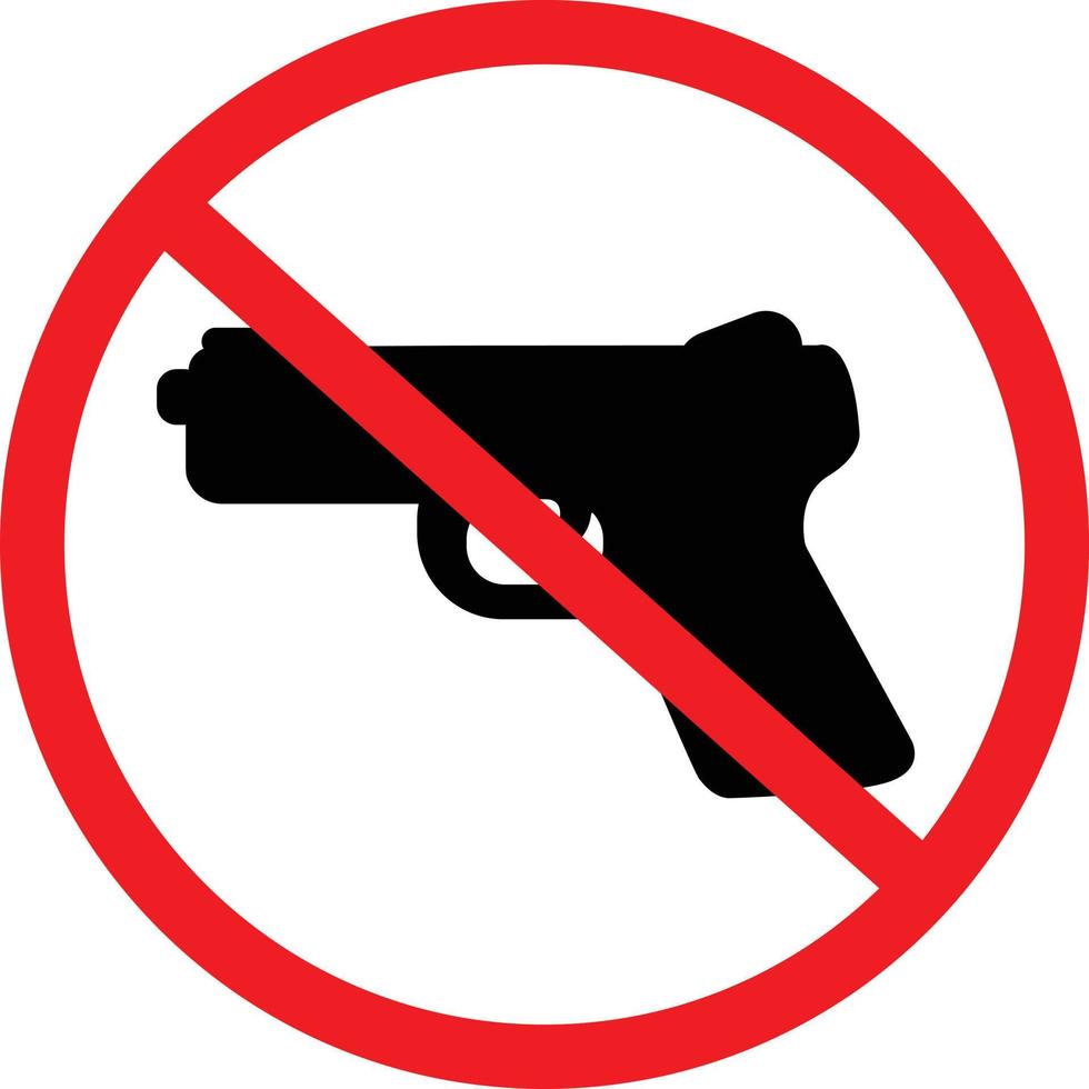 advertencia de señal de prohibición de armas sobre fondo blanco. No se permite la pistola en áreas restringidas. prohibición roja sin señal de ronda de armas. sin símbolo de arma. estilo plano vector