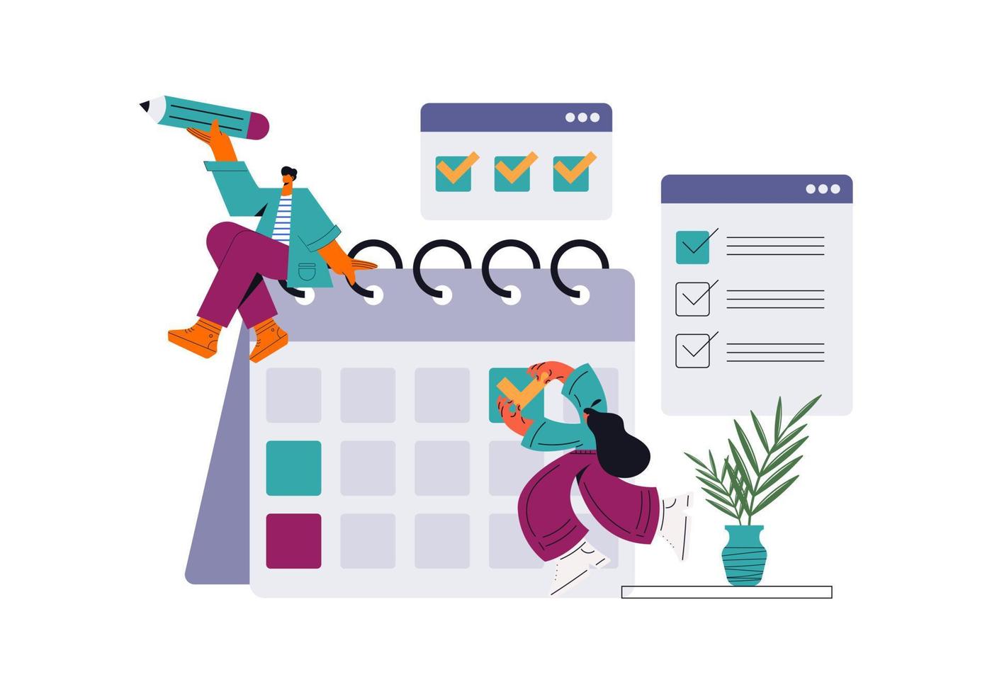 Business man and woman planning day scheduling appointment in calendar application. Modern concept for business planning, news and events, reminder and timetable. Flat vector illustration