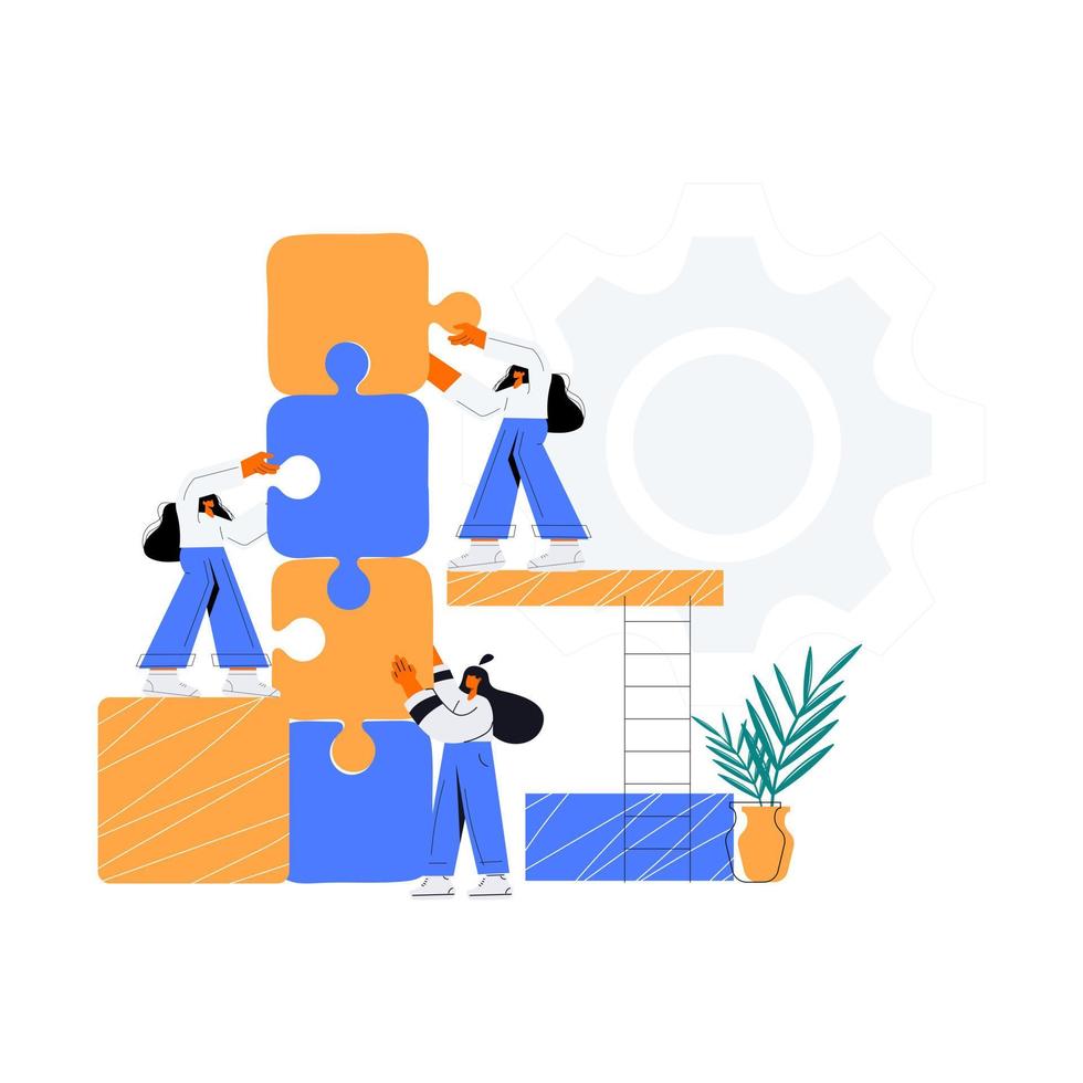 Business concept. Team metaphor. people connecting puzzle elements. Vector illustration flat design style. Symbol of teamwork, cooperation, partnership vector. Flat vector illustration