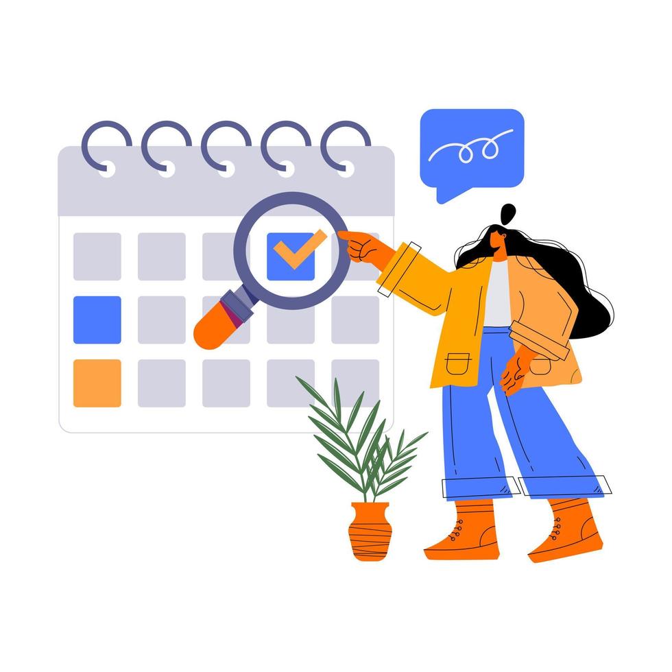 personas que planifican citas de programación de días en la aplicación de calendario. concepto moderno para planificación empresarial, noticias y eventos, recordatorio y calendario. ilustración vectorial plana vector