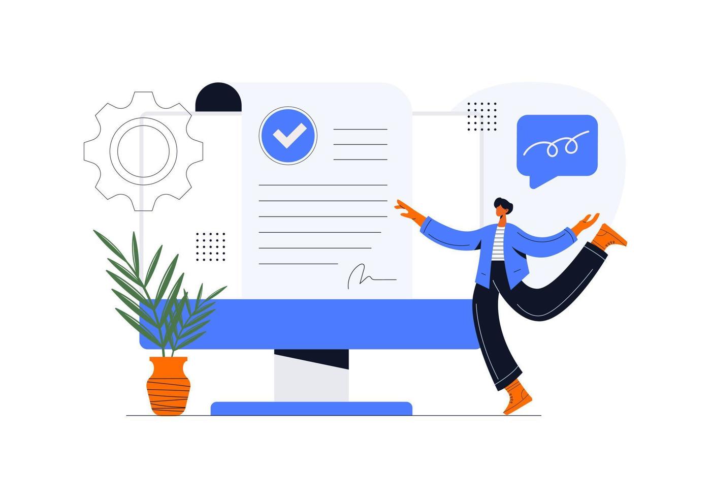 Characters signing legal document, electronic contract or agreement online. People reading contract terms and conditions. Vector illustration.