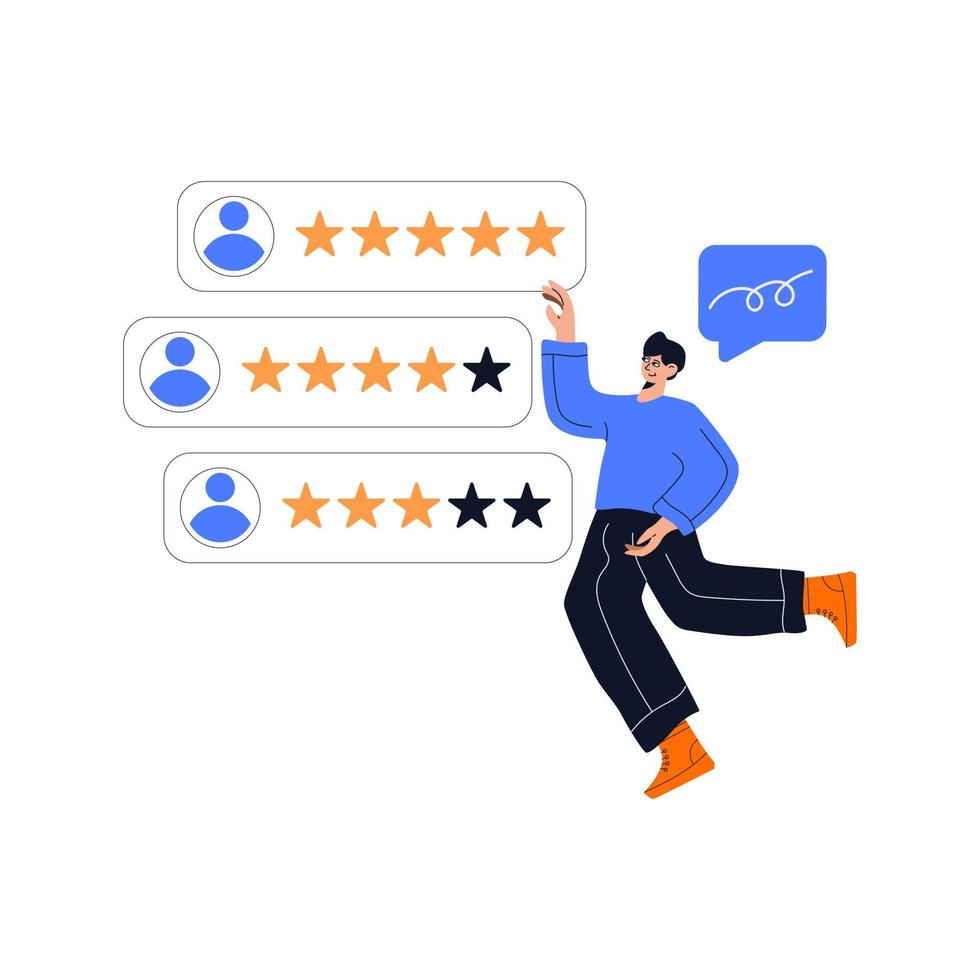 People give review rating and feedback. Flat vector illustration. Customer choice. Rank rating stars feedback. Flat vector illustration isolated on white background