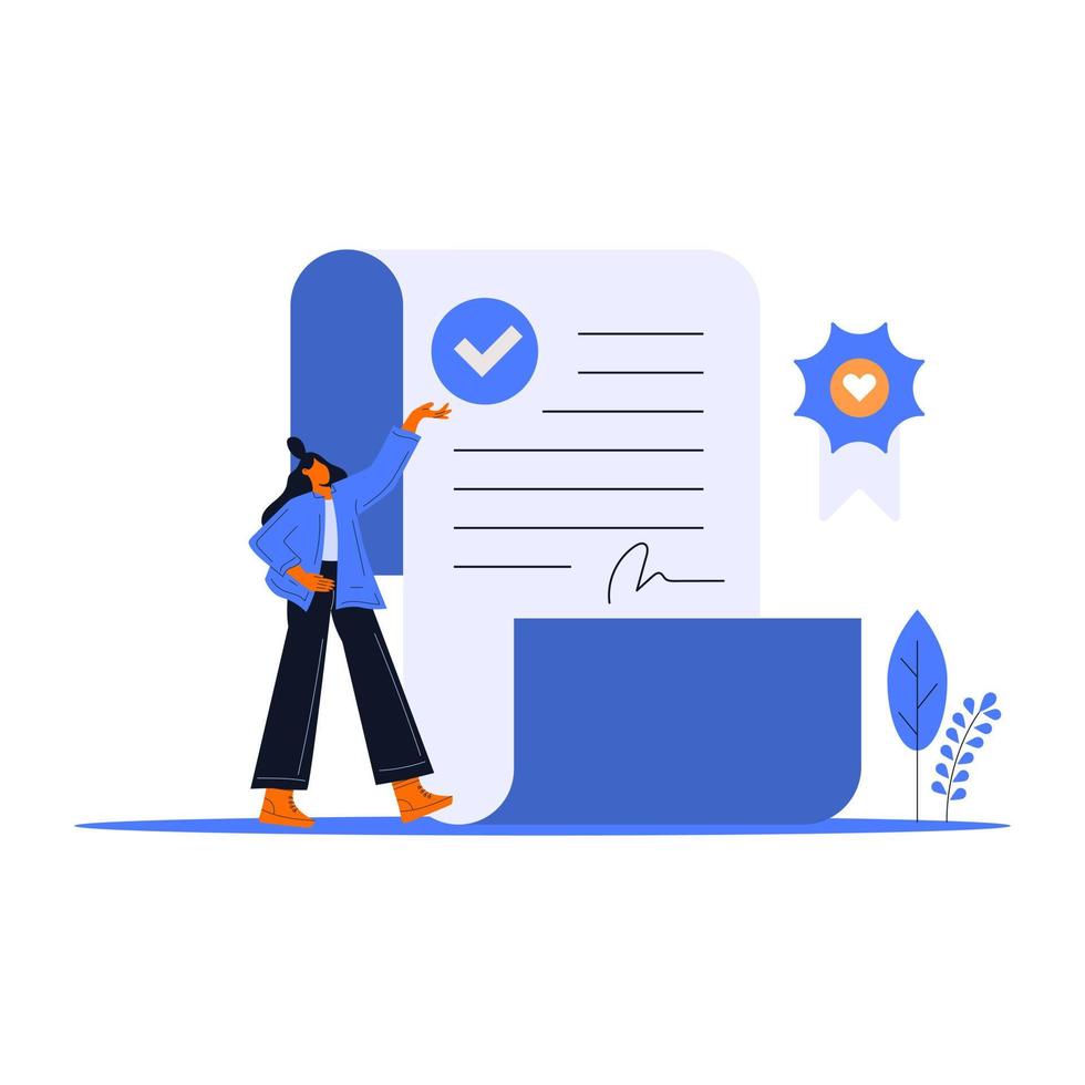 Characters signing legal document, electronic contract or agreement online. People reading contract terms and conditions. Vector illustration.