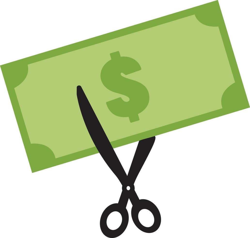 scissor cutting money bill on white background. price or cost cut sign. discount symbol. sale icon. vector