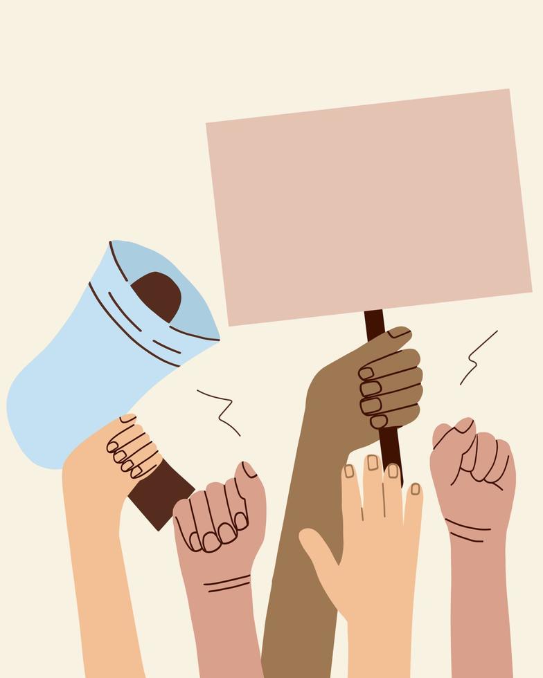 A crowd of people of different nationalities and at a protest. Hands holding empty templates of banners and a mouthpiece. Street demonstration and standing up for their rights vector