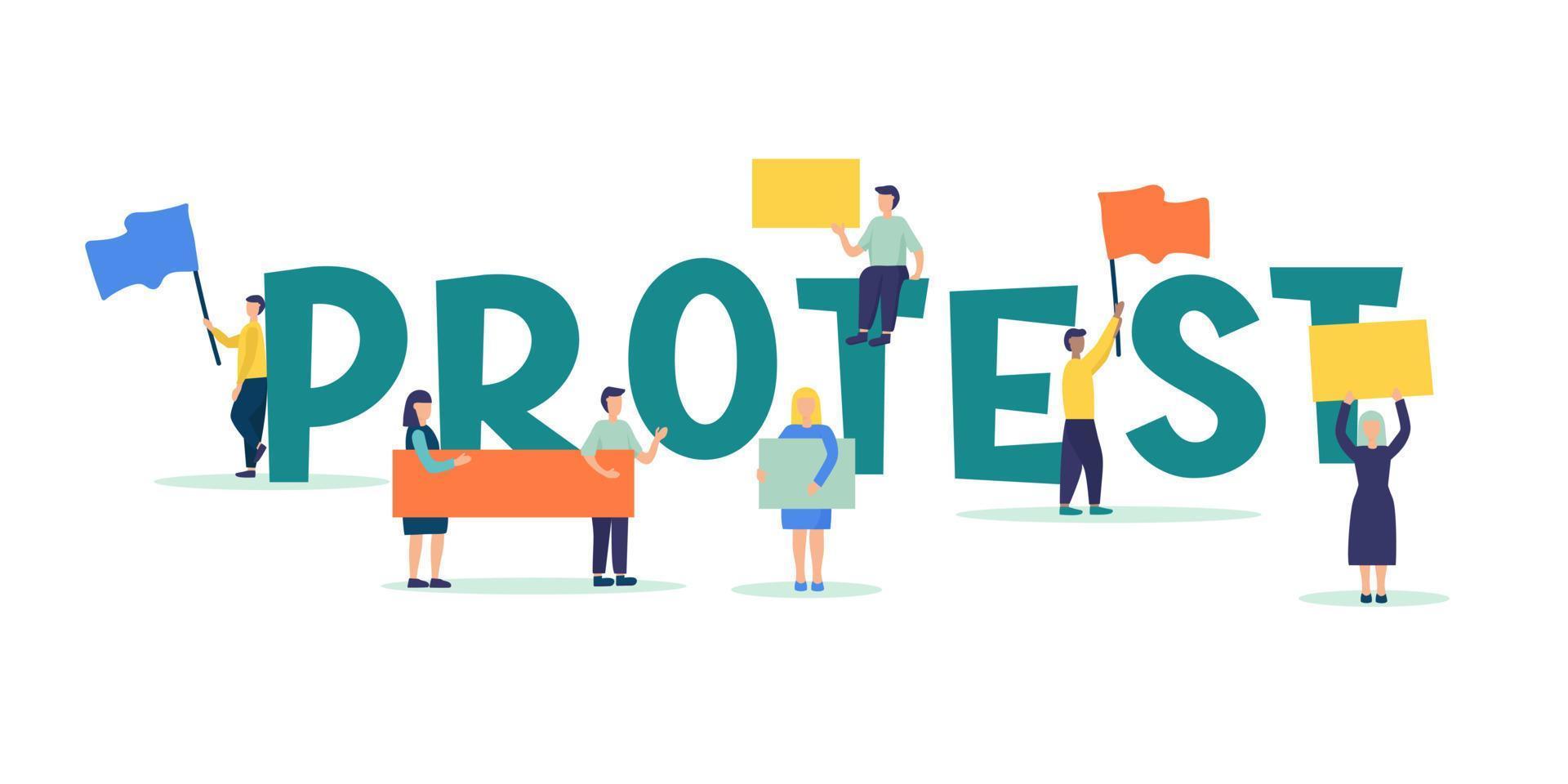 People with placards, banners and flags in their hands protest and participate in the demonstration and rally. Activists express discontent and defend their position. A political revolution vector