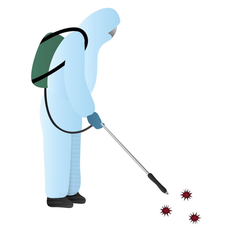 A specialist in a protective suit and mask disinfects the air from viruses. Vector illustration. The specialist disinfects the air from the coronavirus infection COVID-19. Isolated background.
