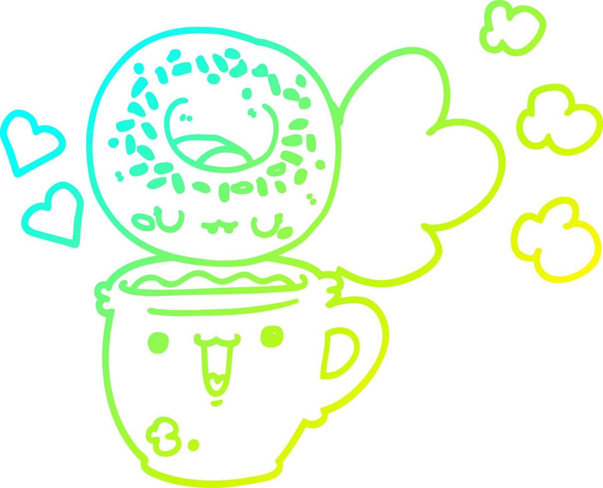 cold gradient line drawing cute cartoon donut and coffee vector