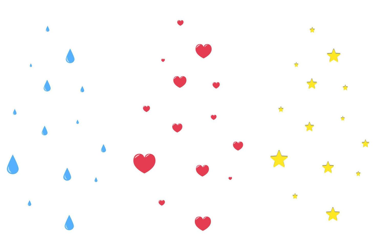 Blue water drops, red hearts and yellow stars. Rising up vector elements set. Rounded raindrops, scarlet symbols of love and golden celestial bodies. Isolated background. Flat style.