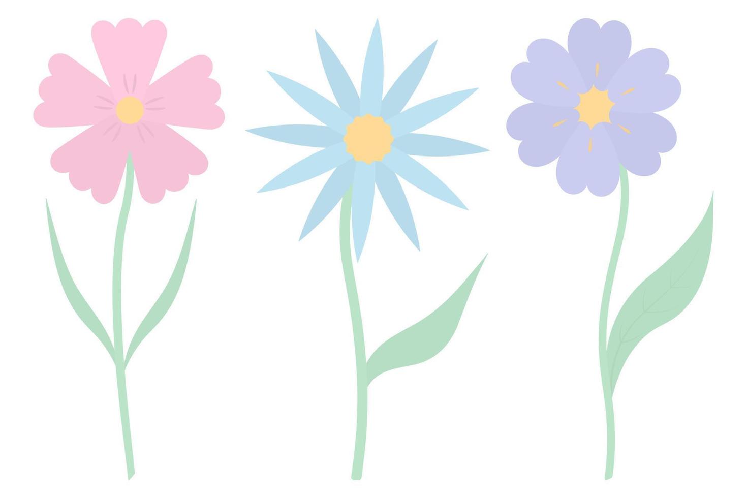 Flowers. Collection of vector illustrations. Flowering plants with green leaves and a yellow core. Flat style. Isolated background.