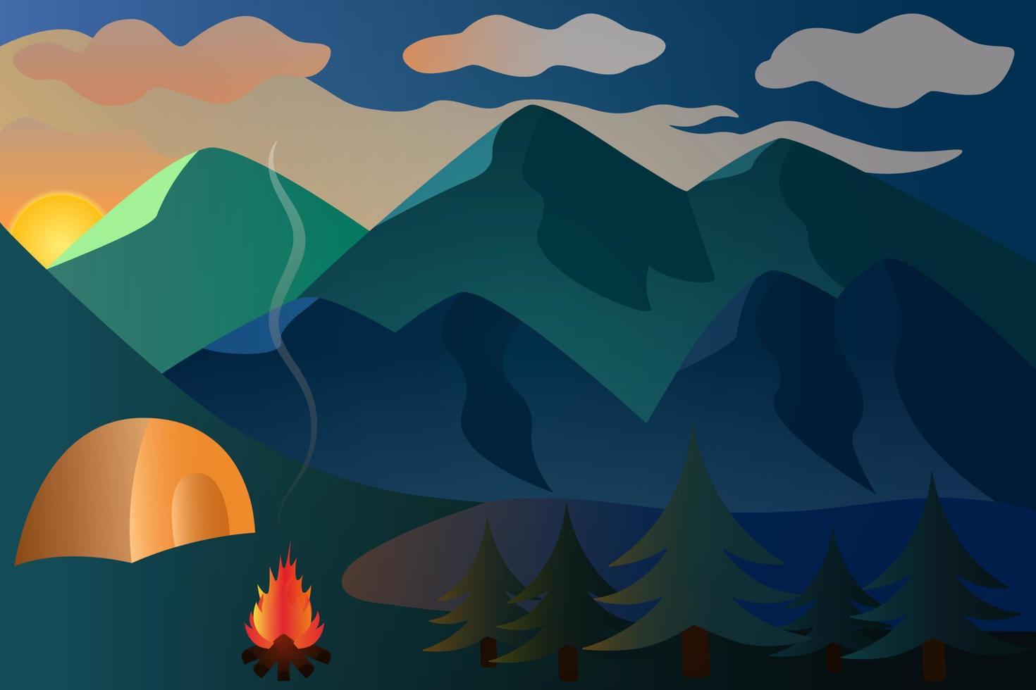 Sunset. Mountain landscape. Camping by the lake. Picturesque vector illustration in the fresh air. A bonfire is set up next to the tent. Flames of fire illuminate the spruce forest. Back to nature.