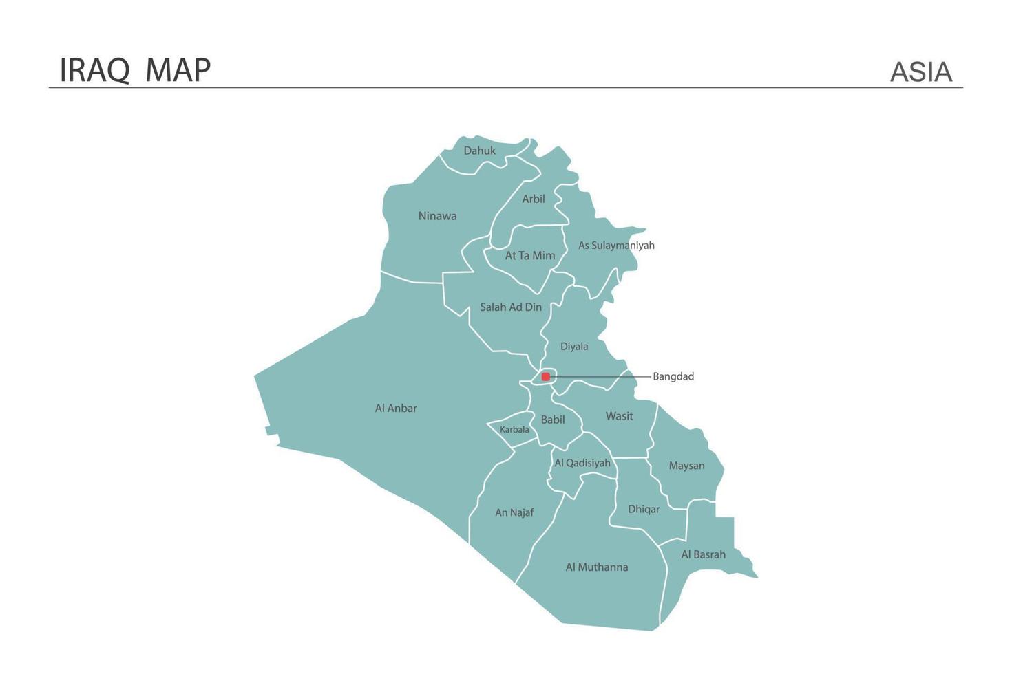 Ilustración de vector de mapa de Irak sobre fondo blanco. el mapa tiene toda la provincia y marca la ciudad capital de irak.