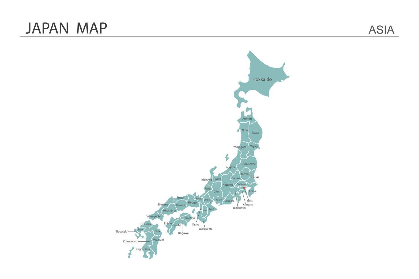 Japón mapa ilustración vectorial sobre fondo blanco. el mapa tiene todas las provincias y marca la ciudad capital de japón. vector