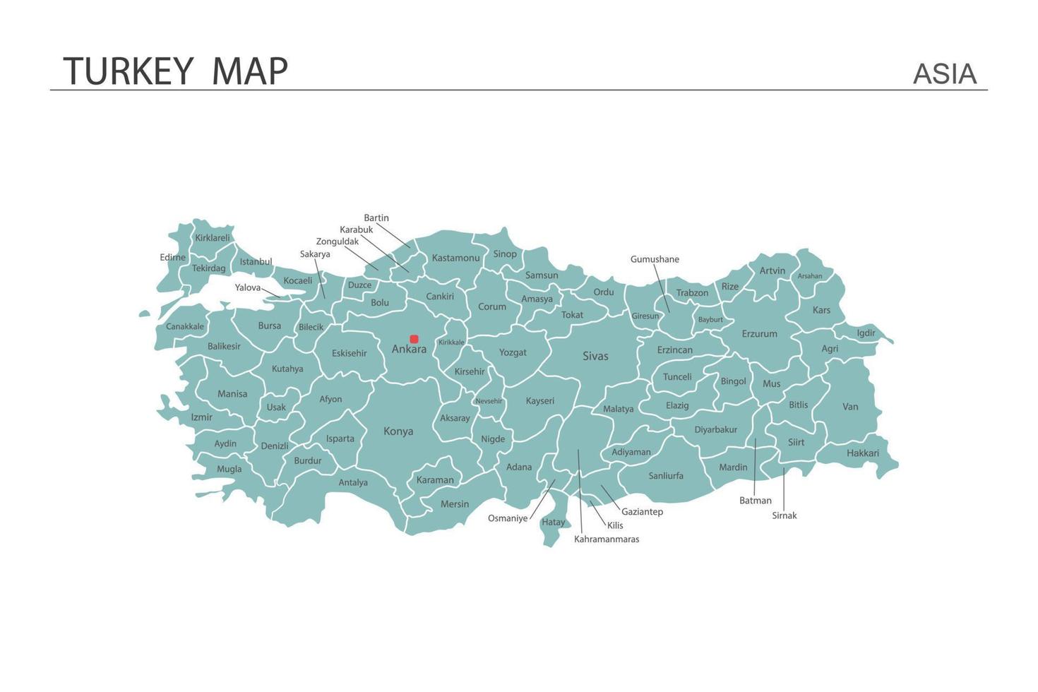 Ilustración de vector de mapa de Turquía sobre fondo blanco. el mapa tiene toda la provincia y marca la ciudad capital de turquía.