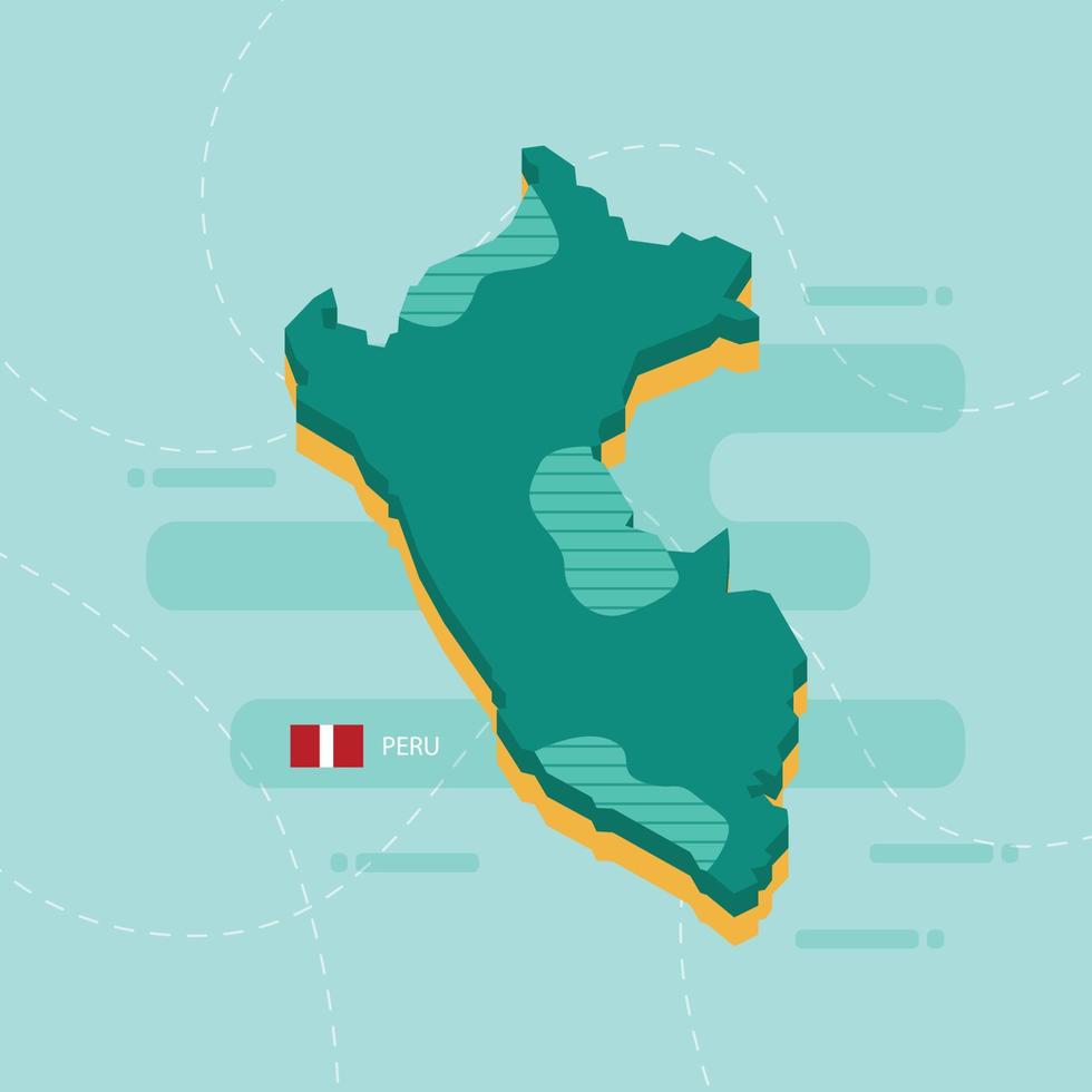 3d vector map of Peru with name and flag of country on light green background and dash.