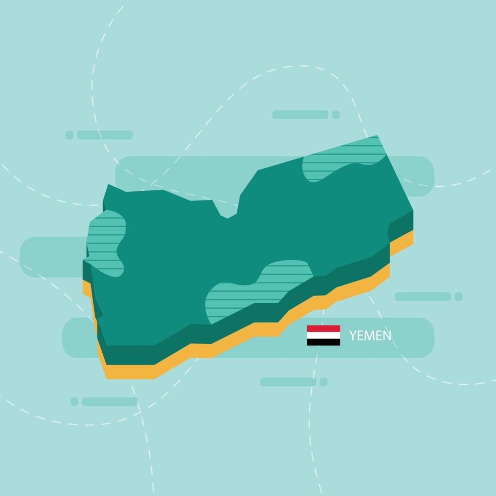 3d vector map of Yemen with name and flag of country on light green background and dash.