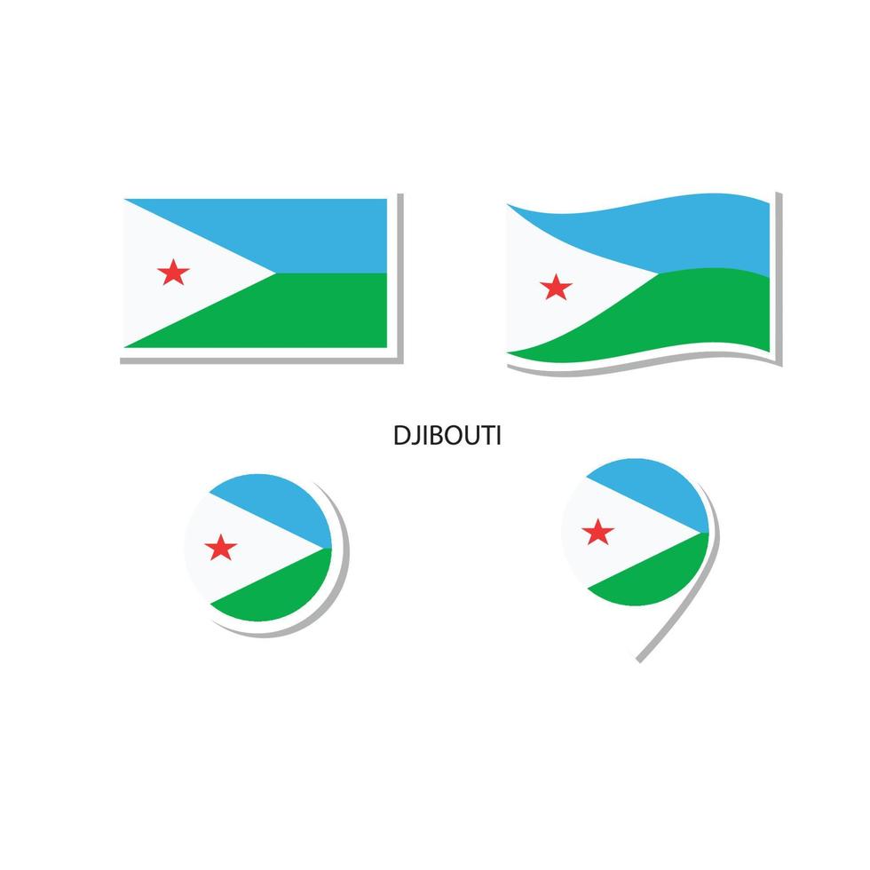 conjunto de iconos del logotipo de la bandera de djibouti, iconos planos rectangulares, forma circular, marcador con banderas. vector
