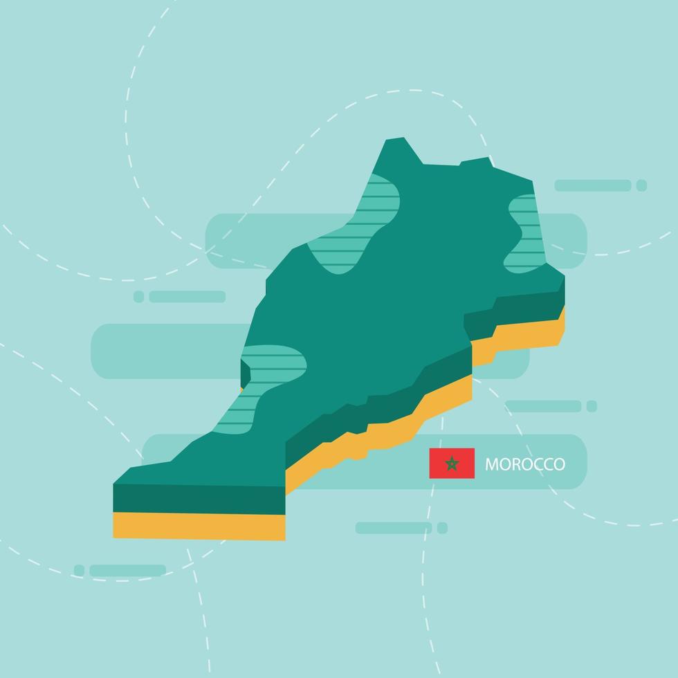 3d vector map of Morocco with name and flag of country on light green background and dash.