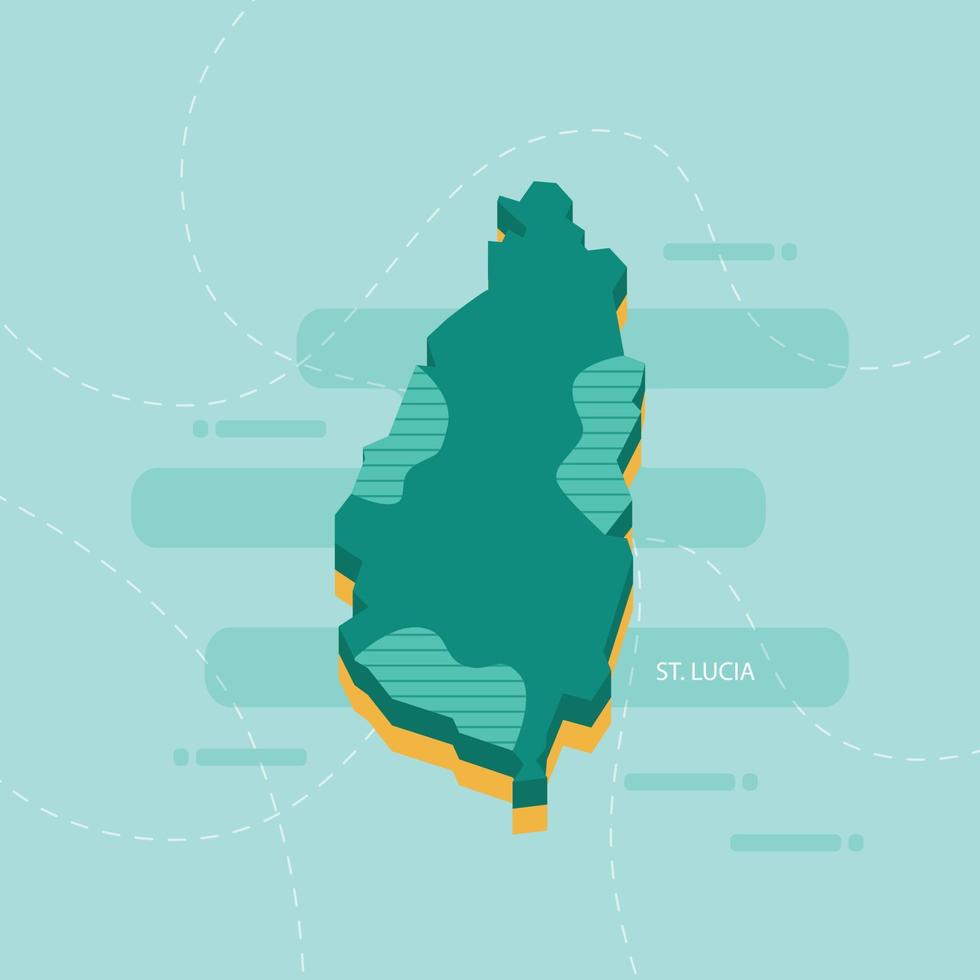 3d vector map of St. Lucia with name and flag of country on light green background and dash.