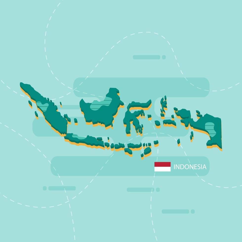 Mapa vectorial 3d de indonesia con nombre y bandera del país sobre fondo verde claro y guion. vector