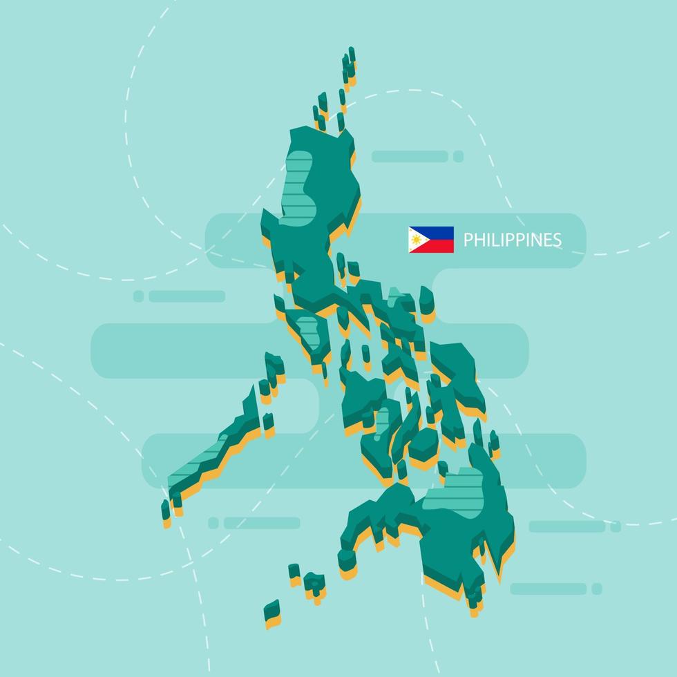 Mapa vectorial 3D de Filipinas con nombre y bandera del país sobre fondo verde claro y guión. vector