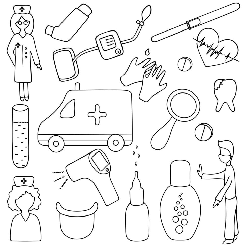 Medical set. Sketch.Collection of healthcare elements for web design. Vector illustration. Coloring book for children. Contour on an isolated background. Health topics. Doodle style.