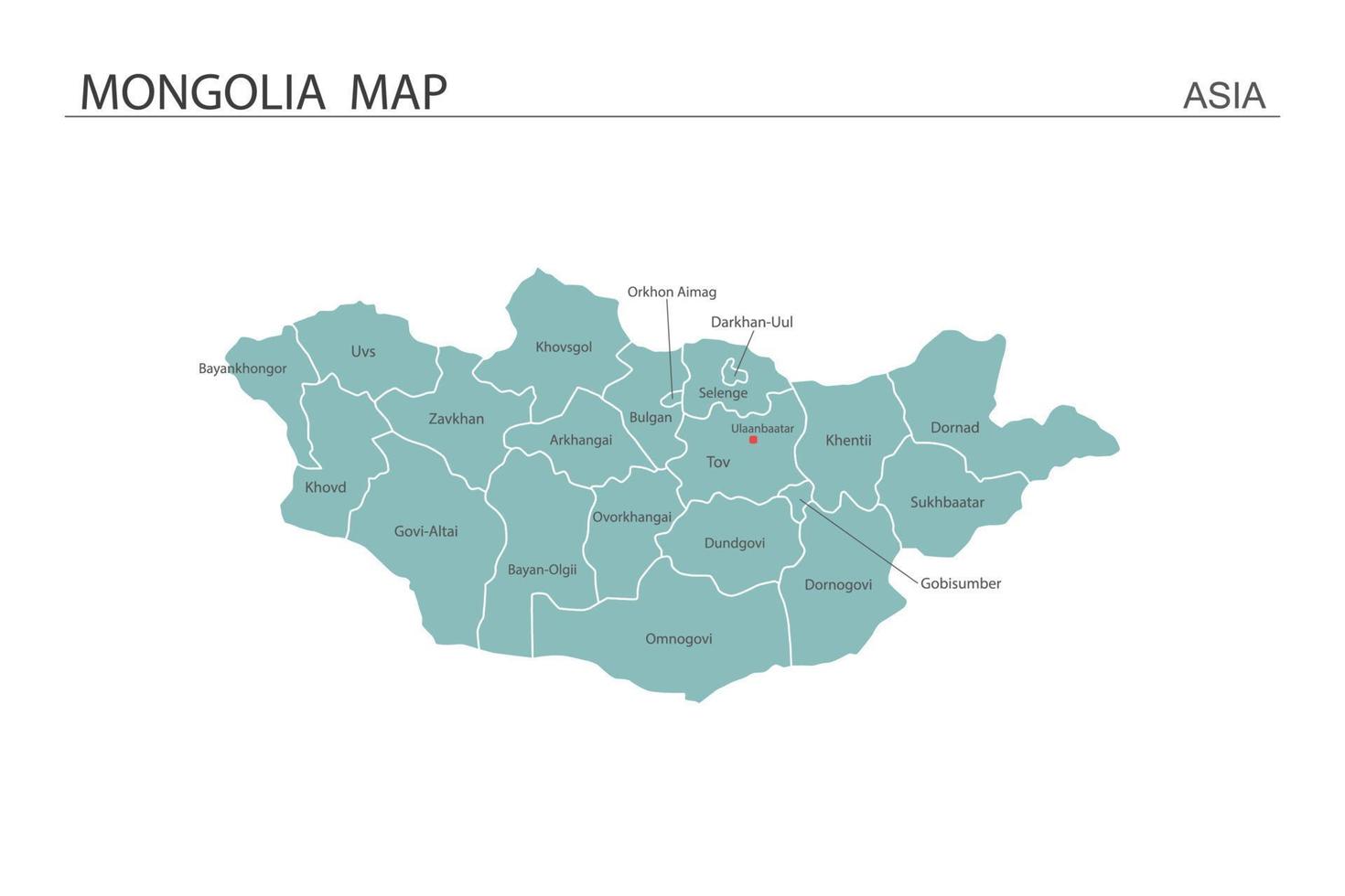 mongolia mapa ilustración vectorial sobre fondo blanco. el mapa tiene toda la provincia y marca la ciudad capital de mongolia. vector