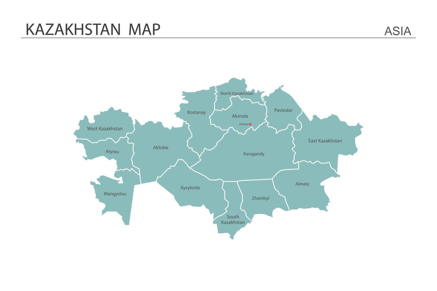 Kazajstán mapa ilustración vectorial sobre fondo blanco. el mapa tiene todas las provincias y marca la ciudad capital de kazajstán. vector