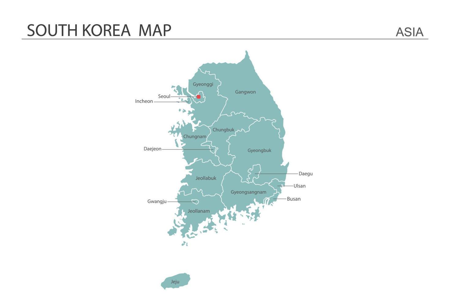 ilustración de vector de mapa de corea del sur sobre fondo blanco. el mapa tiene toda la provincia y marca la ciudad capital de corea del sur.