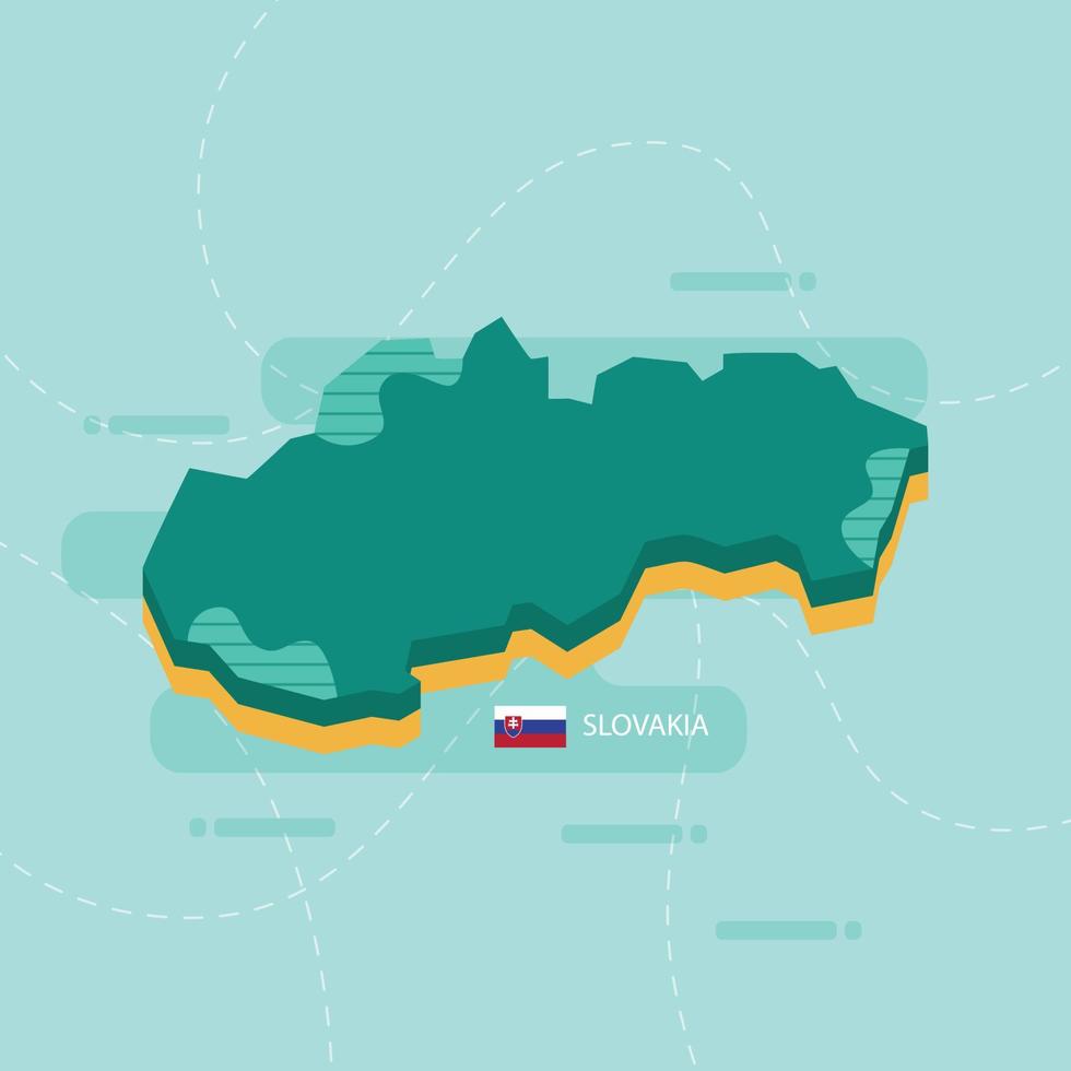 Mapa vectorial 3D de Eslovaquia con nombre y bandera del país sobre fondo verde claro y guión. vector