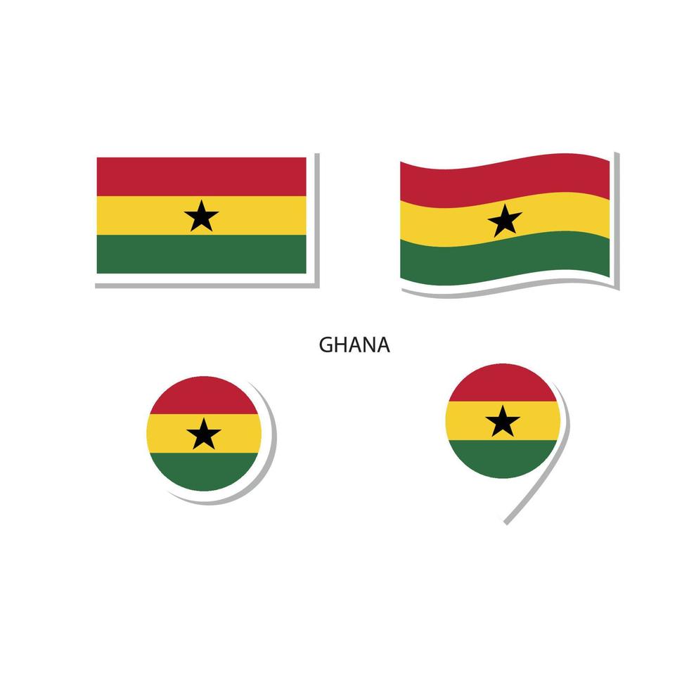 Conjunto de iconos del logotipo de la bandera de Ghana, iconos planos rectangulares, forma circular, marcador con banderas. vector