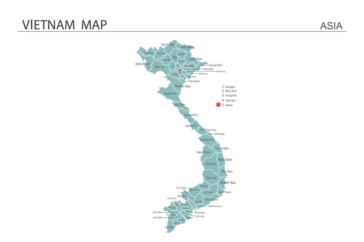 Vietnam mapa ilustración vectorial sobre fondo blanco. el mapa tiene toda la provincia y marca la ciudad capital de vietnam. vector