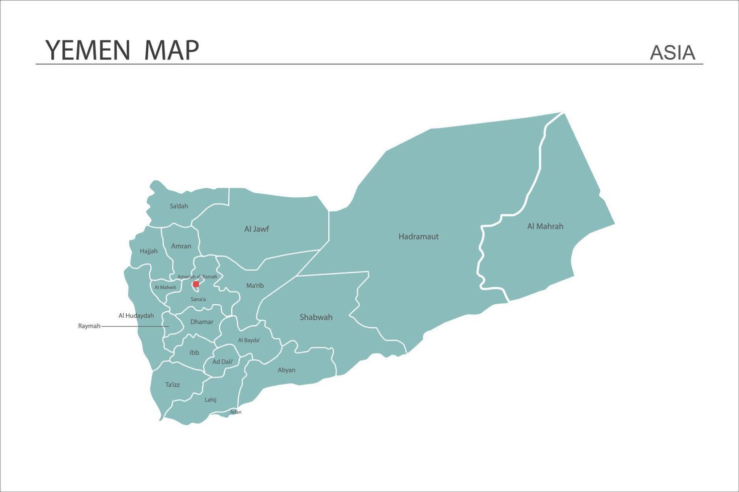 yemen mapa ilustración vectorial sobre fondo blanco. el mapa tiene toda la provincia y marca la ciudad capital de yemen. vector