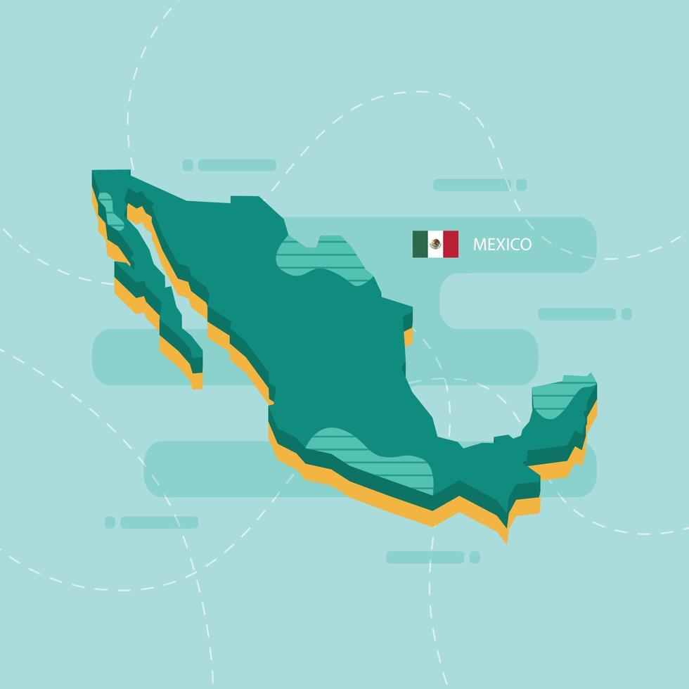 Mapa vectorial 3D de México con nombre y bandera del país sobre fondo verde claro y guión. vector