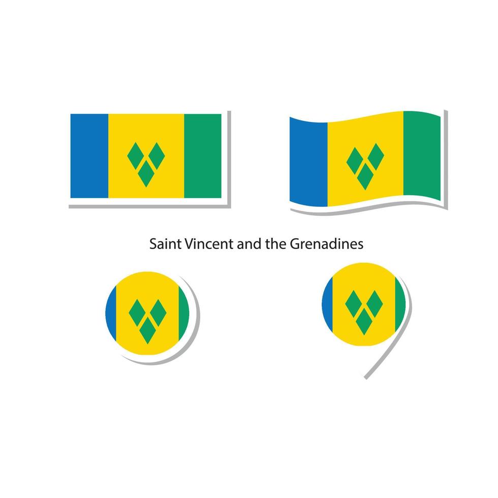 Conjunto de iconos del logotipo de la bandera de San Vicente y las Granadinas, iconos planos rectangulares, forma circular, marcador con banderas. vector
